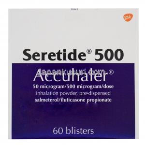 セレタイド 500 アキュヘラー,　サルメテロール 50mcg/ フルチカゾン 500mcg, 製造元：GSK,箱表面